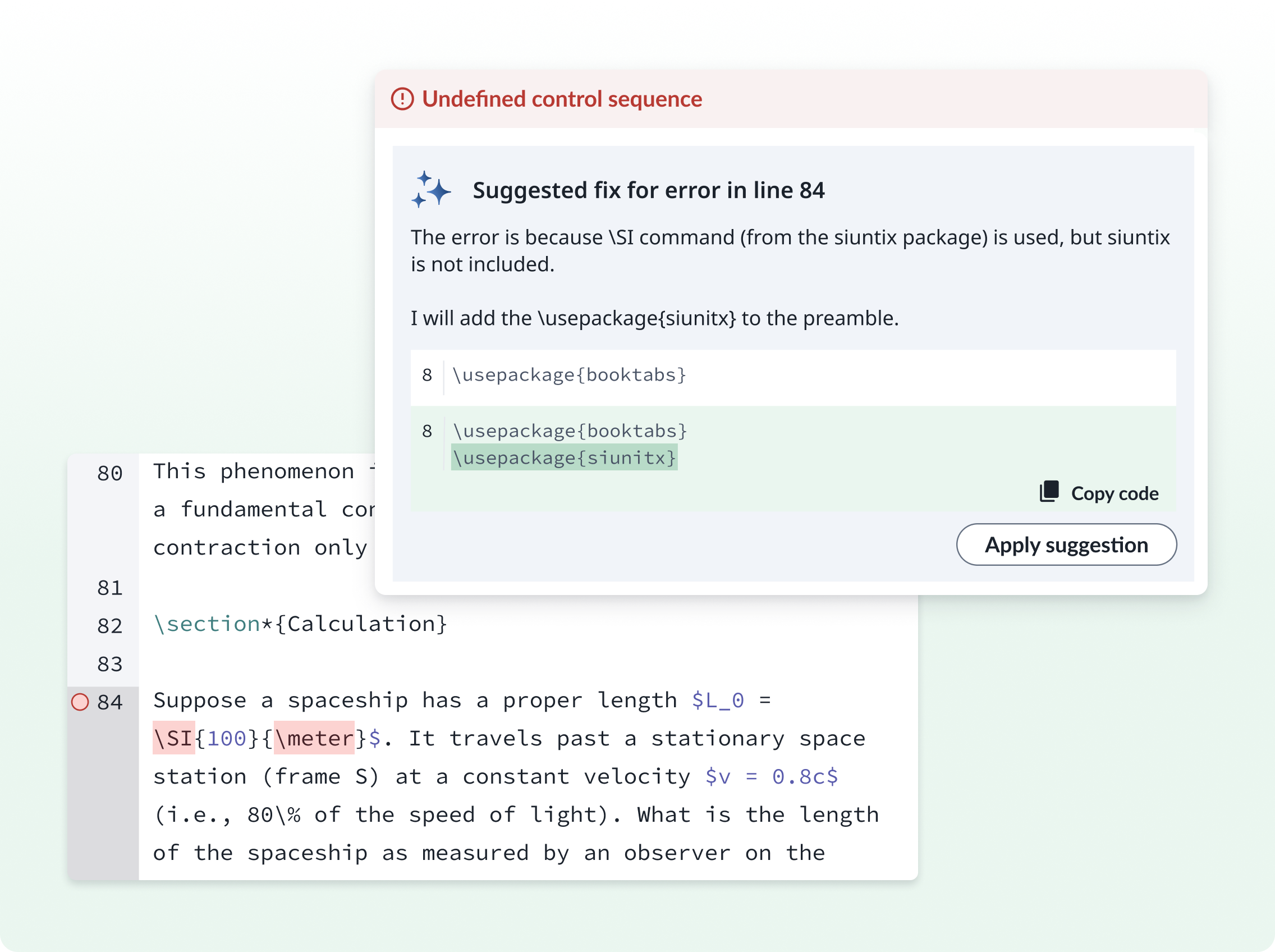 An image showing the LaTeX Error Assist tool in Overleaf, which has suggest a fix for an undefined control sequence.