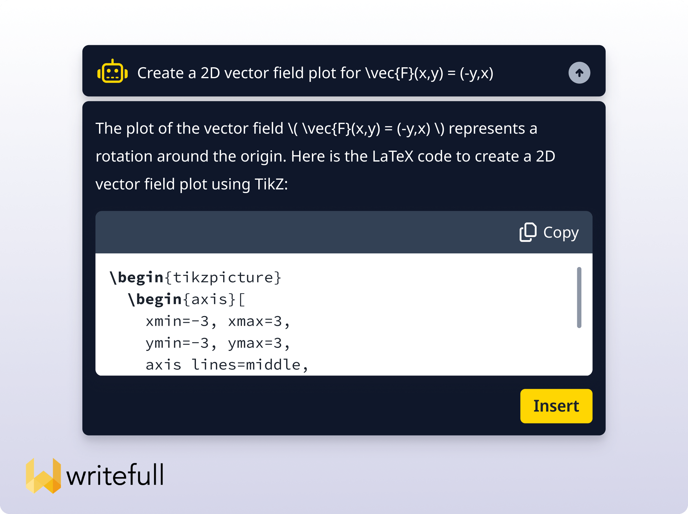 An image showing the Writefull TeXGPT tool which has generated code to create a 2D vector field plot using TikZ