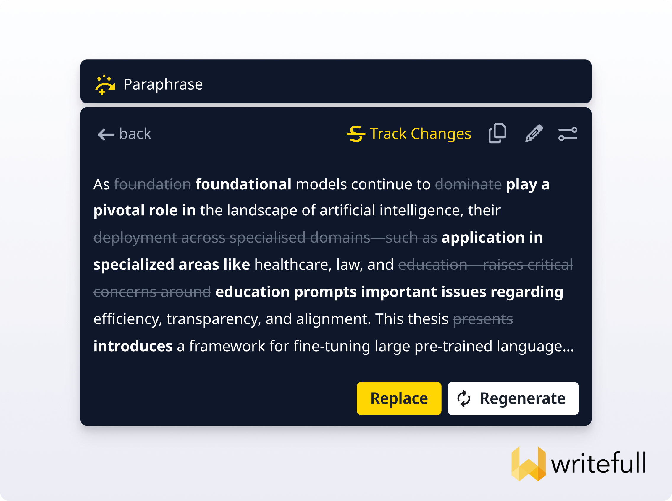 An image showing Writefull-s AI paraphrase tool in action